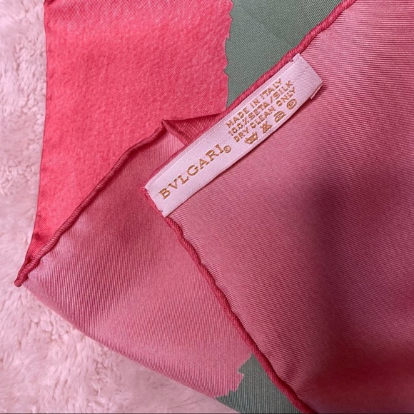 BVLGARI 100% Silk Pink & Green Tree Topiary Print Square Scarf - Picture 6 of 8